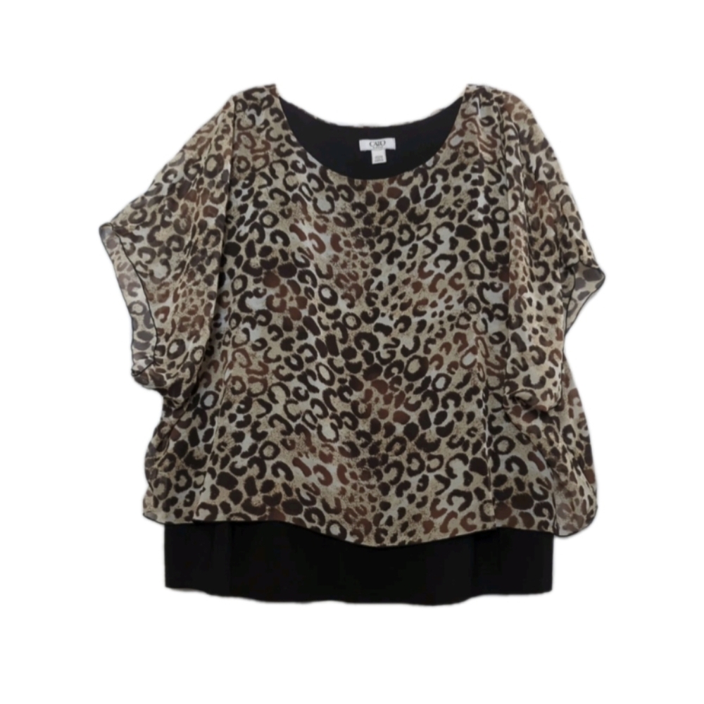 CATO Tunic Top Size 22 /24W Brown Leopard Print SS Blouse EUC